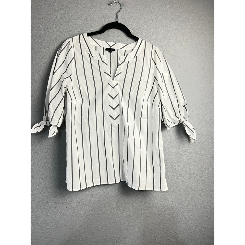 Talbots Womens‎ Sm White Navy Blue Striped Split Neck Tie Sleeve Blouse Peasant